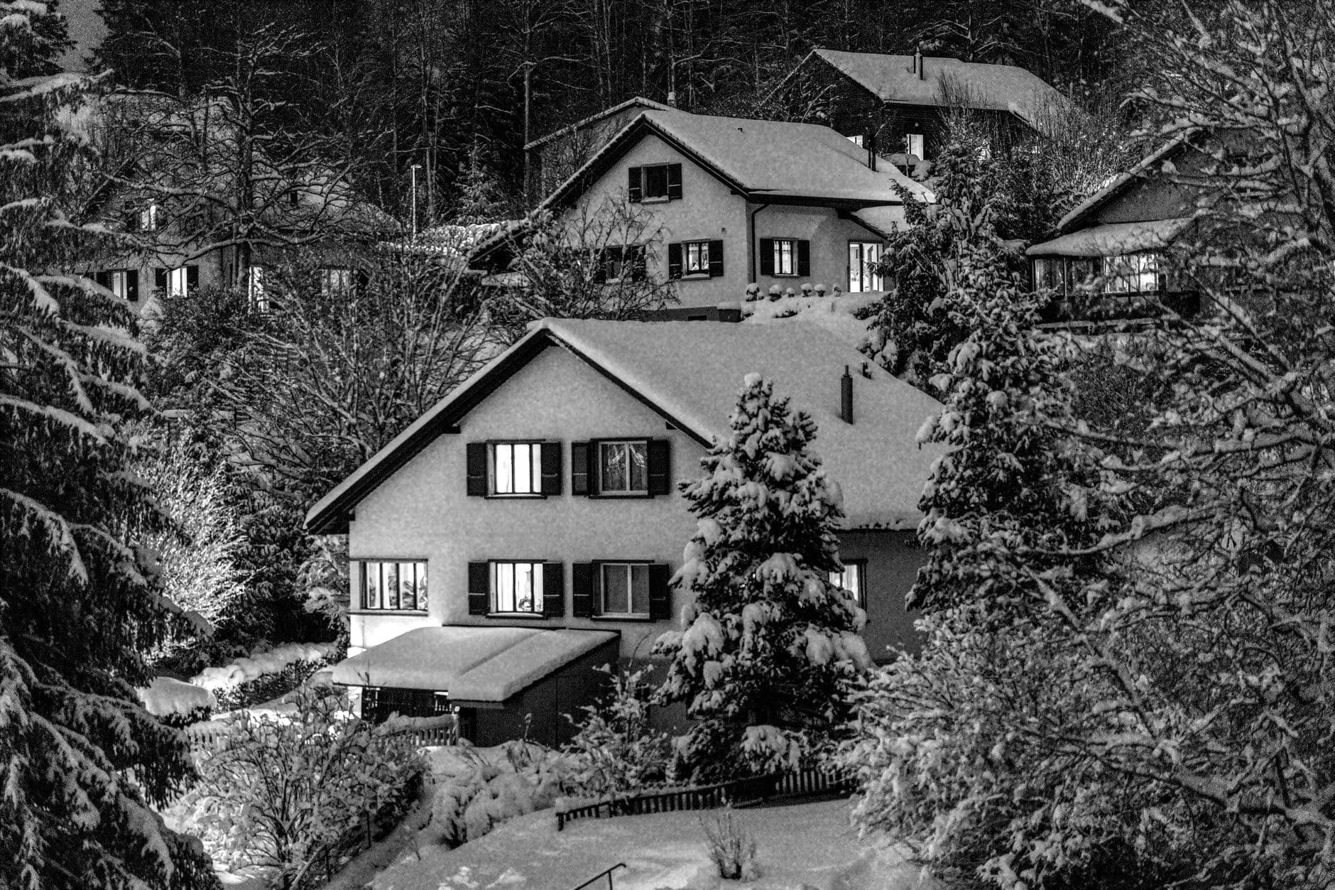Chalets sous la neige en lisière de forêt